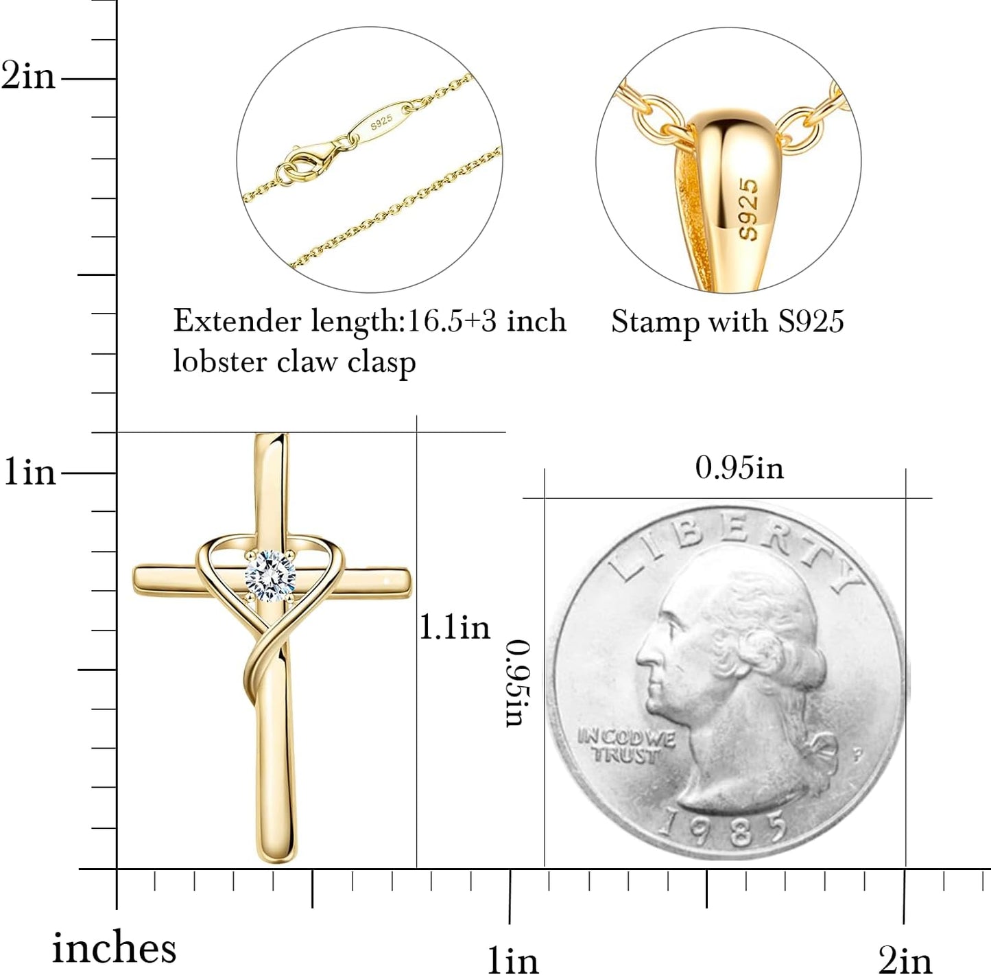 925 Sterling Silver Cross Necklace for Women Men 14K Gold Plated Birthstone Necklaces 5A CZ Rose Gold Necklace for Easter or Christmas