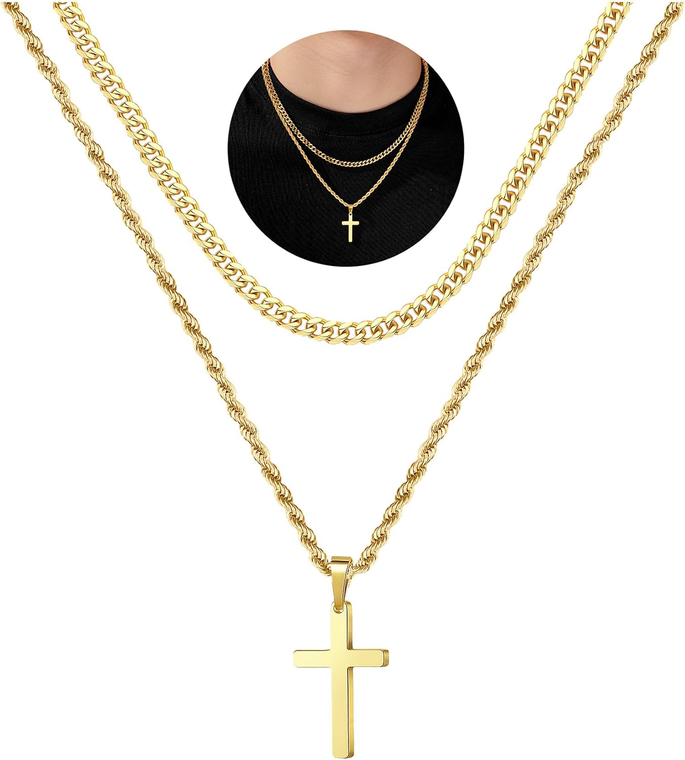Cross Necklace for Men, Gold Black Silver Mens Cross Necklaces Stainless Steel Cross Pendant Necklace Simple Jewelry Gifts Cross Chain Necklace for Men