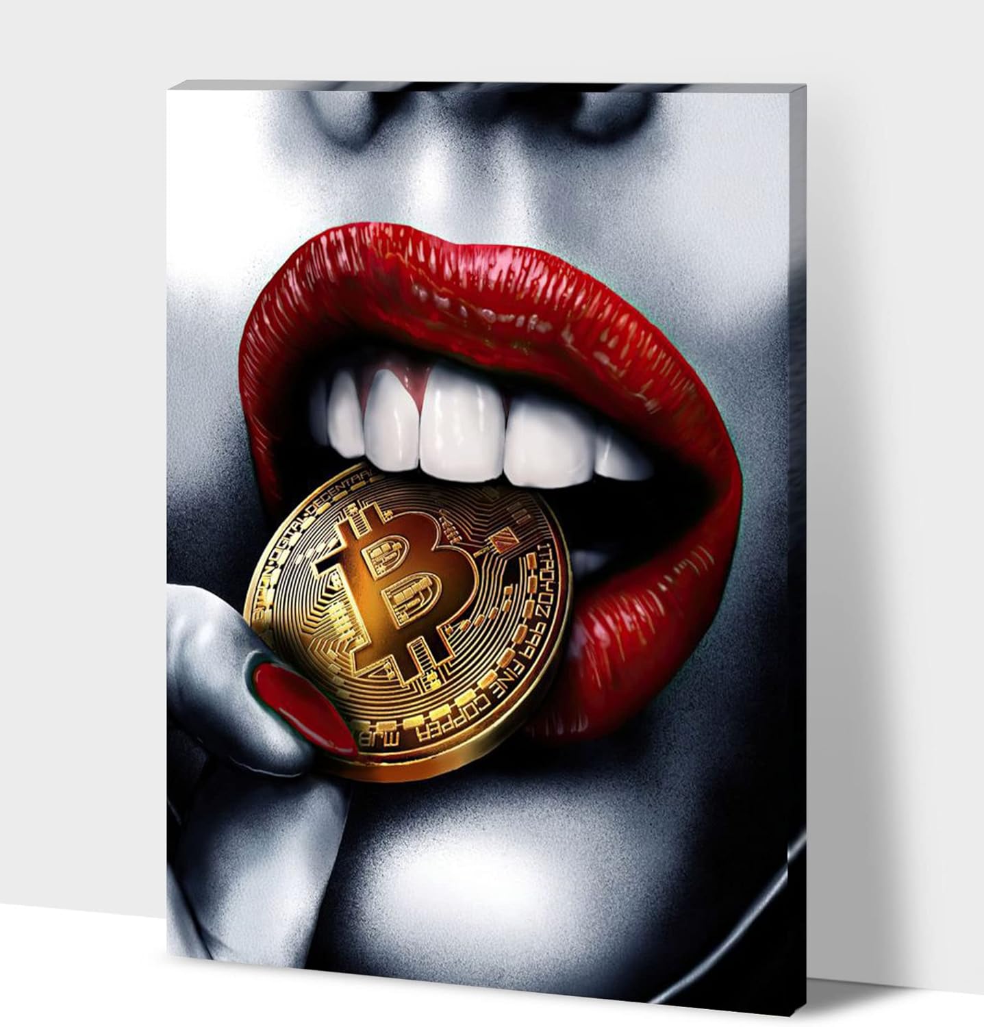Red Lips Bite Bitcoin Money Canvas Wall Art,