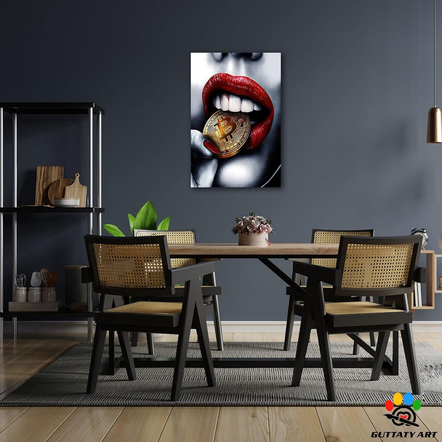 Red Lips Bite Bitcoin Money Canvas Wall Art,