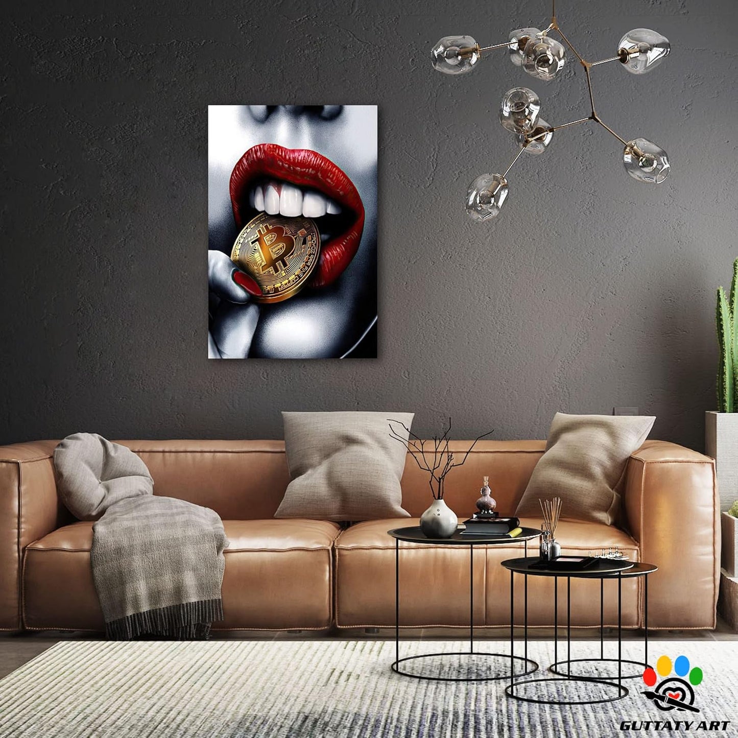 Red Lips Bite Bitcoin Money Canvas Wall Art,
