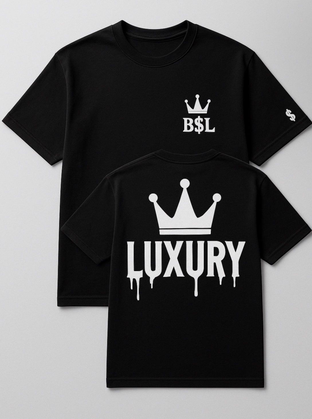 Black t-shirt with white crown and text design on a light gray background