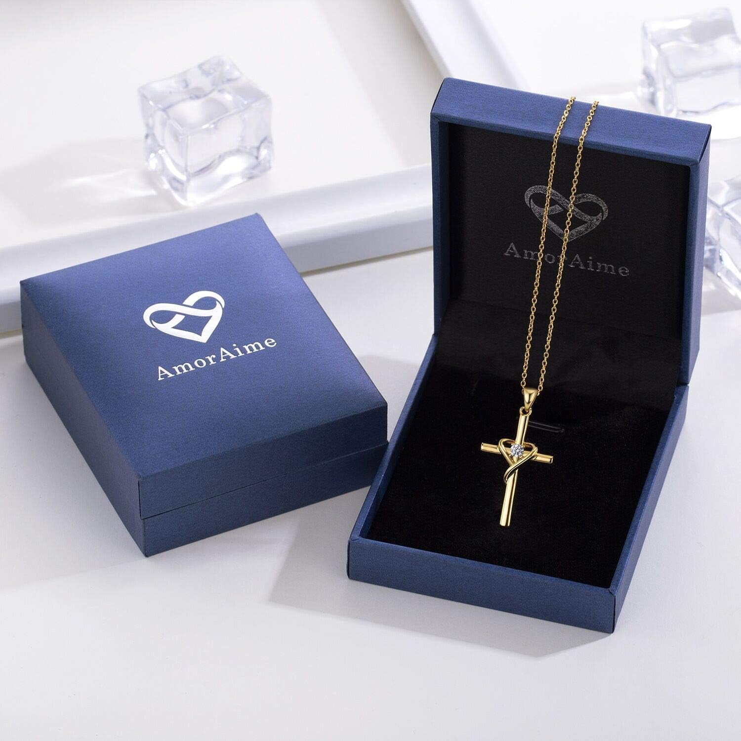 925 Sterling Silver Cross Necklace for Women Men 14K Gold Plated Birthstone Necklaces 5A CZ Rose Gold Necklace for Easter or Christmas
