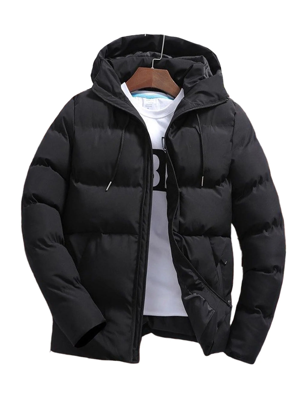 Mens Hooded Puffer Jacket Full Zipper Winter Outdoor Outwear Long Sleeve Warm Coats with Pockets Black L