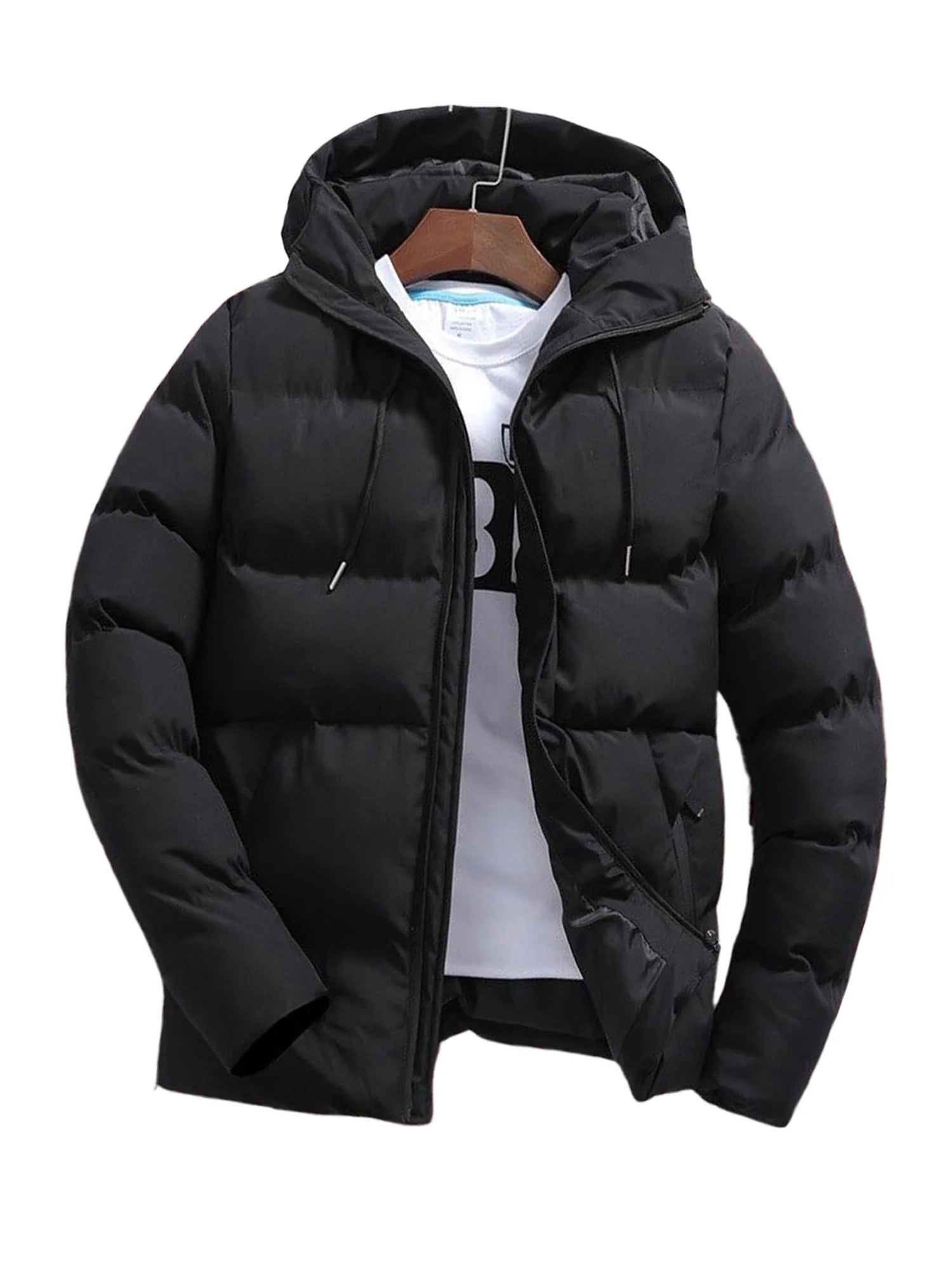Mens Hooded Puffer Jacket Full Zipper Winter Outdoor Outwear Long Sleeve Warm Coats with Pockets Black L