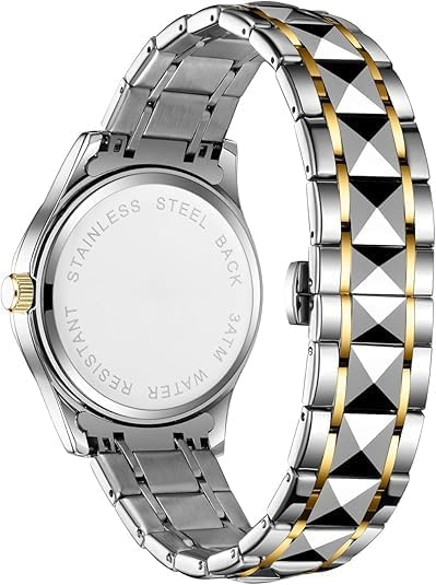 Luxury Men'S and Women'S Business Diamond Stainless Steel Waterproof Roman Numeral Analog Quartz Watch with Day-Date Calendar, Gold and Silver Tone