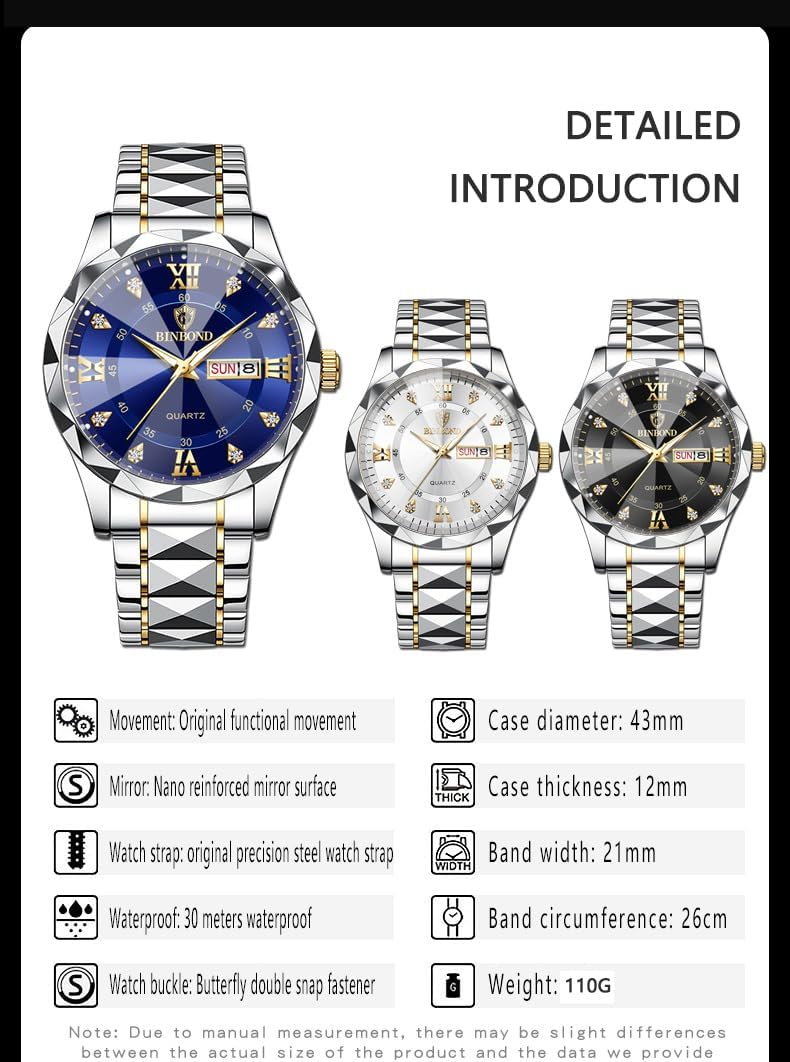 Luxury Men'S and Women'S Business Diamond Stainless Steel Waterproof Roman Numeral Analog Quartz Watch with Day-Date Calendar, Gold and Silver Tone