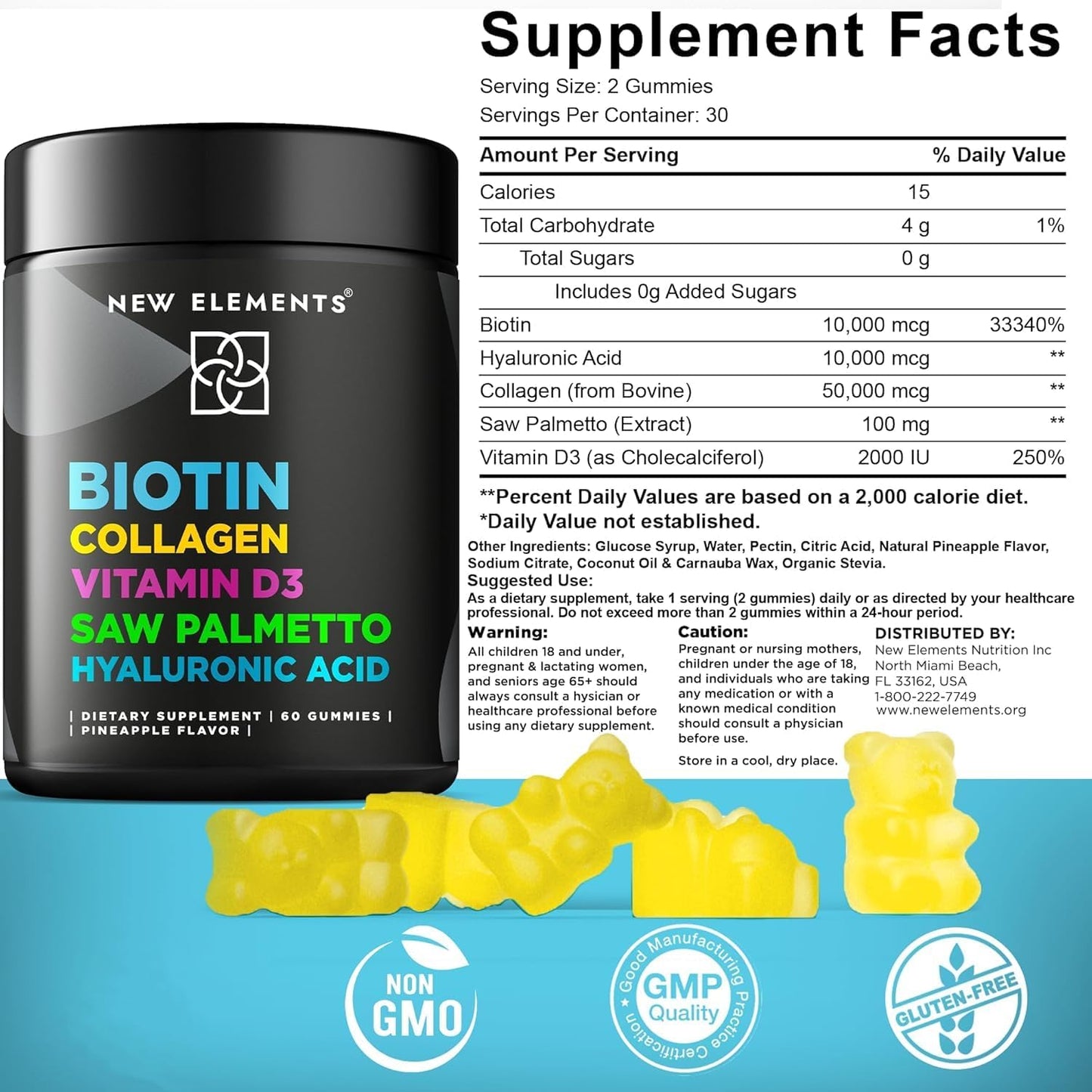 Biotin Gummies with Collagen Vitamin D3 Natural Pineapple Flavor