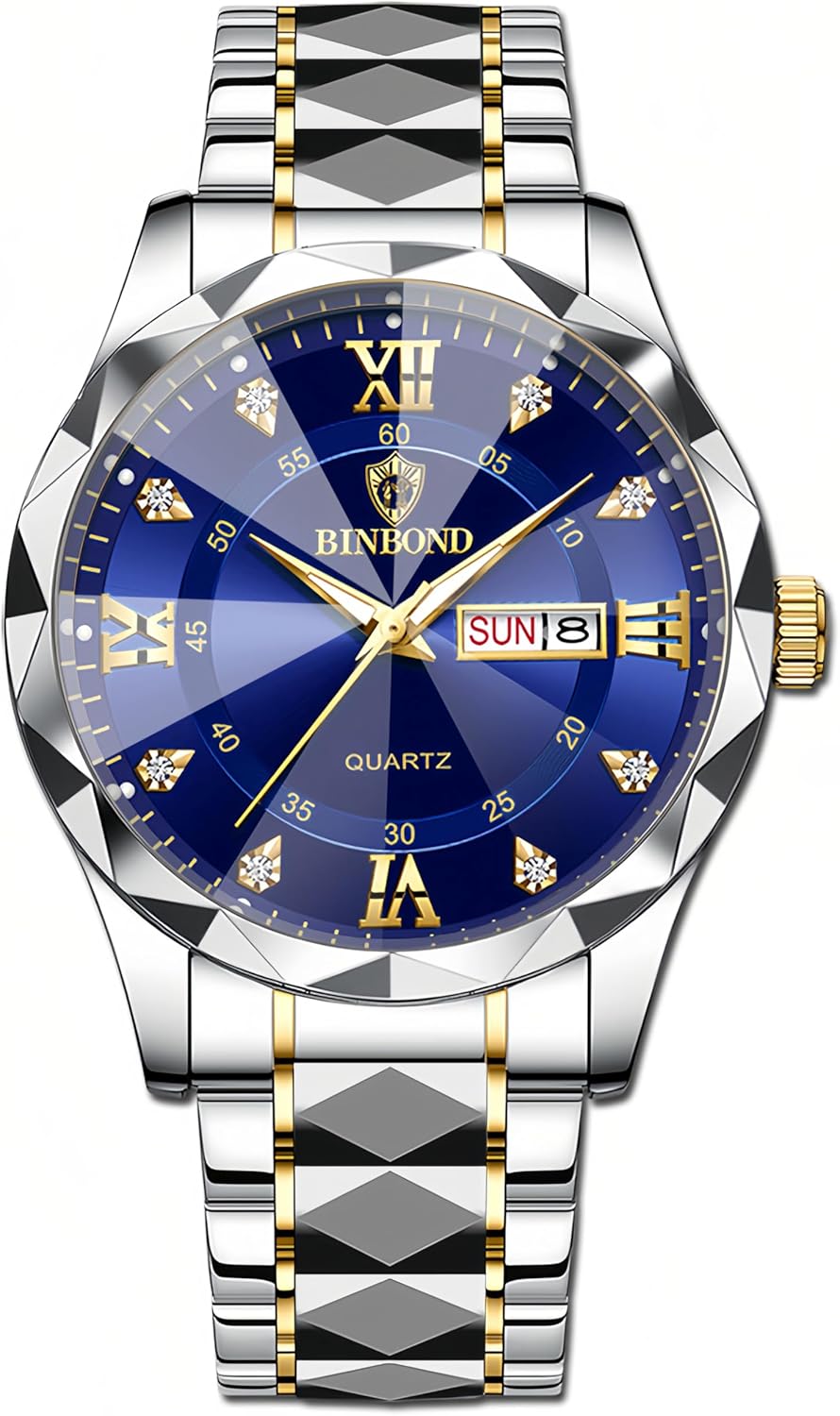 Luxury Men'S and Women'S Business Diamond Stainless Steel Waterproof Roman Numeral Analog Quartz Watch with Day-Date Calendar, Gold and Silver Tone