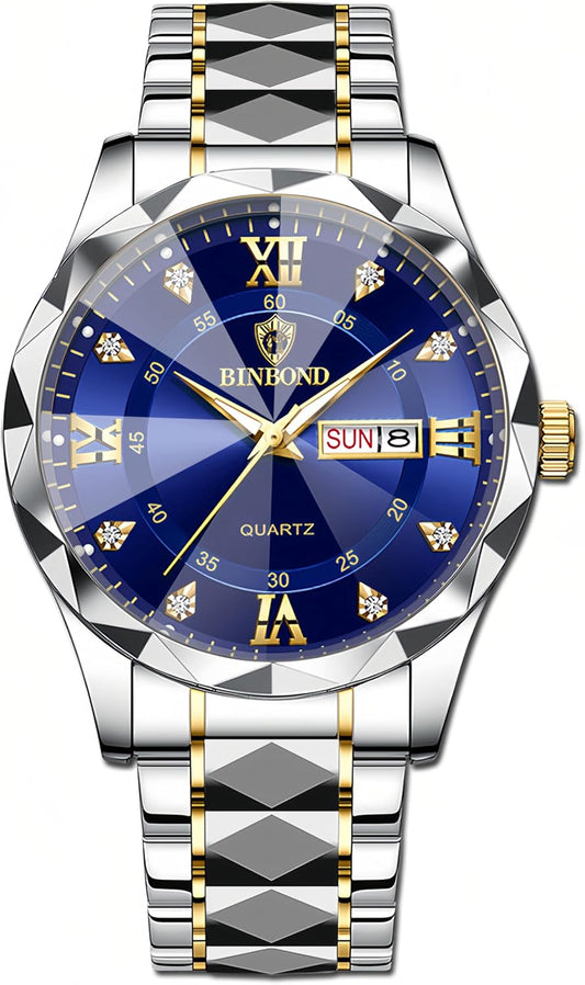 Luxury Men'S and Women'S Business Diamond Stainless Steel Waterproof Roman Numeral Analog Quartz Watch with Day-Date Calendar, Gold and Silver Tone
