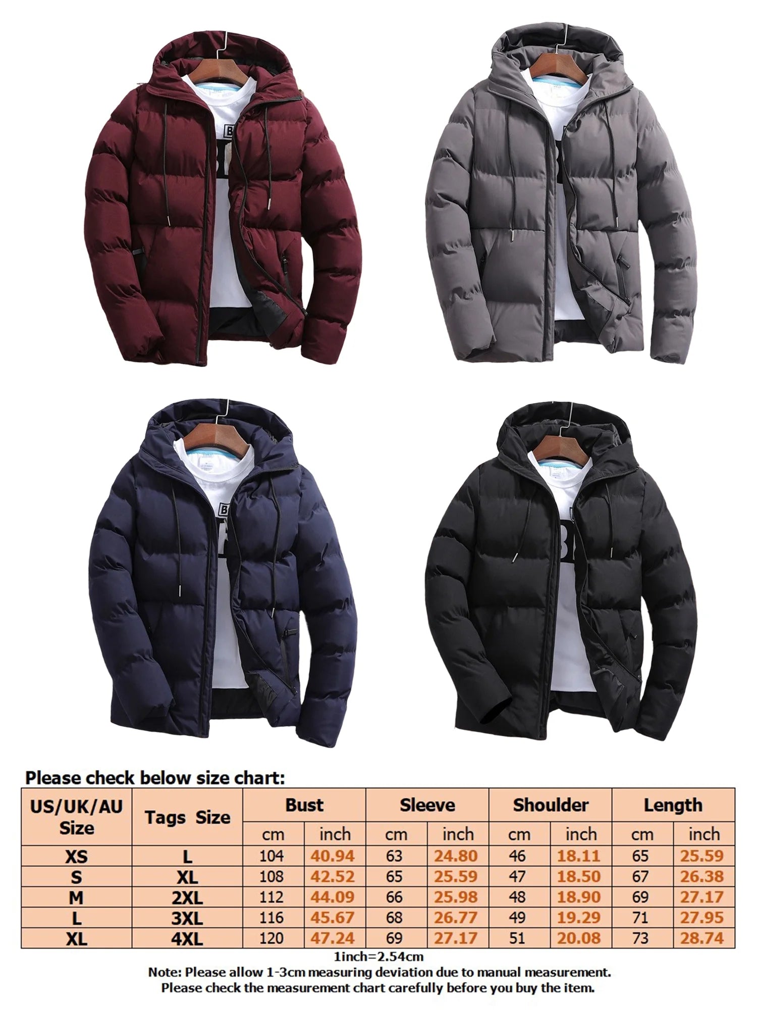 Mens Hooded Puffer Jacket Full Zipper Winter Outdoor Outwear Long Sleeve Warm Coats with Pockets Black L