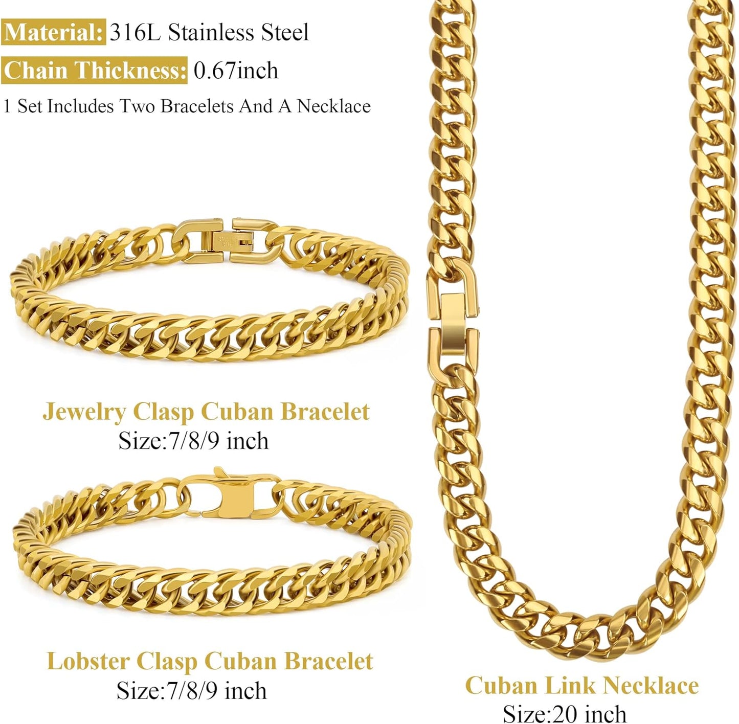 3PCS Cuban Link Bracelet Necklace