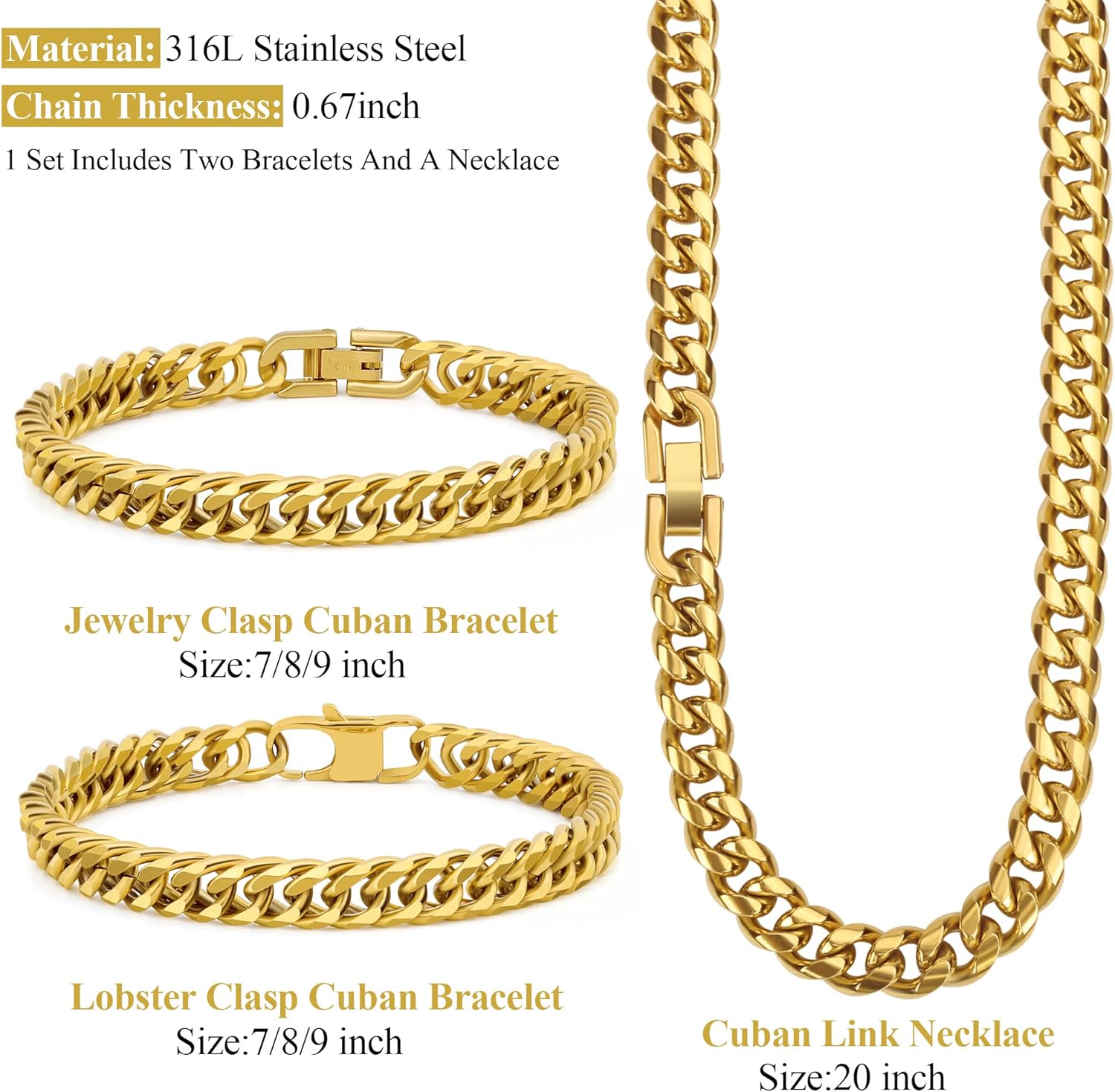 3PCS Cuban Link Bracelet Necklace