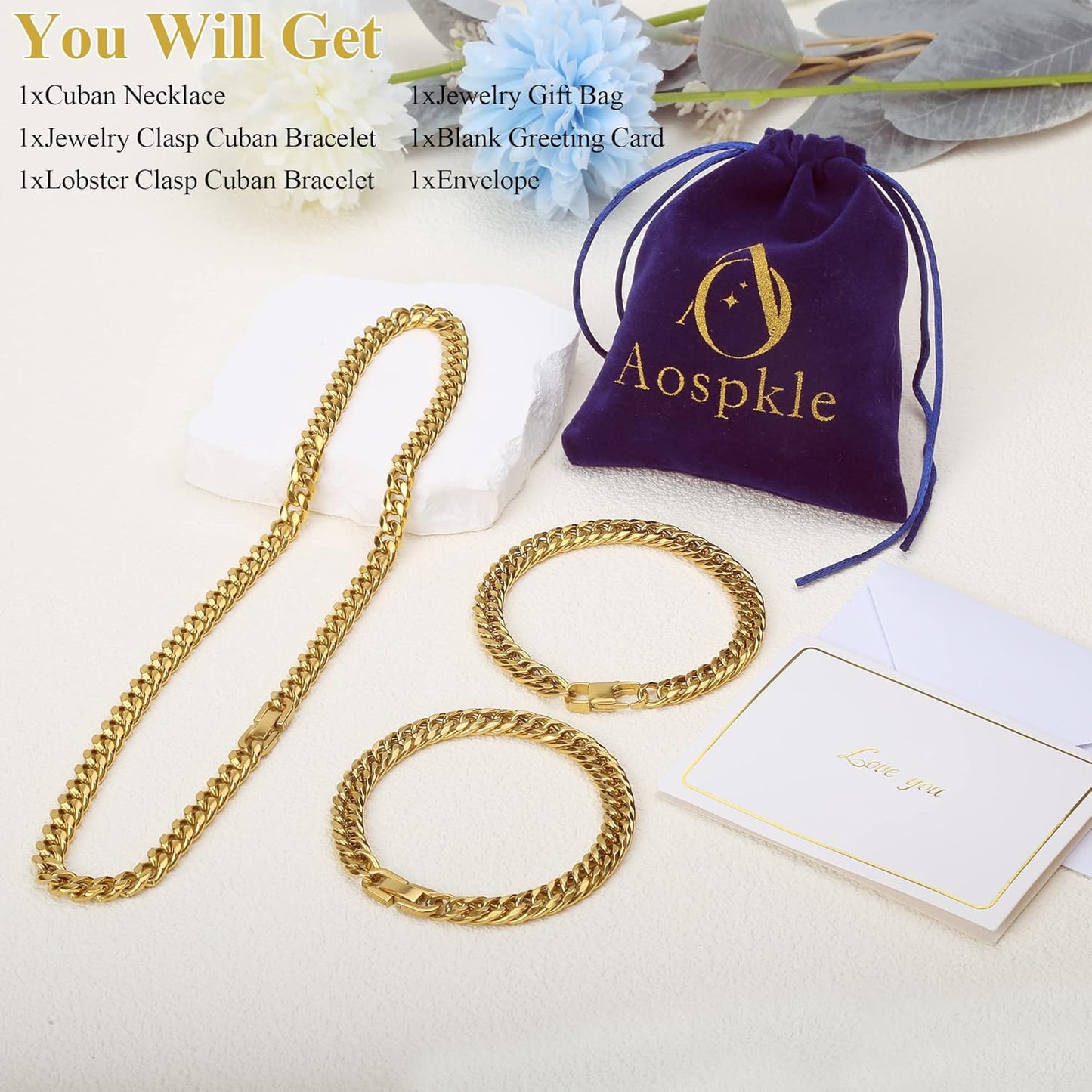 3PCS Cuban Link Bracelet Necklace