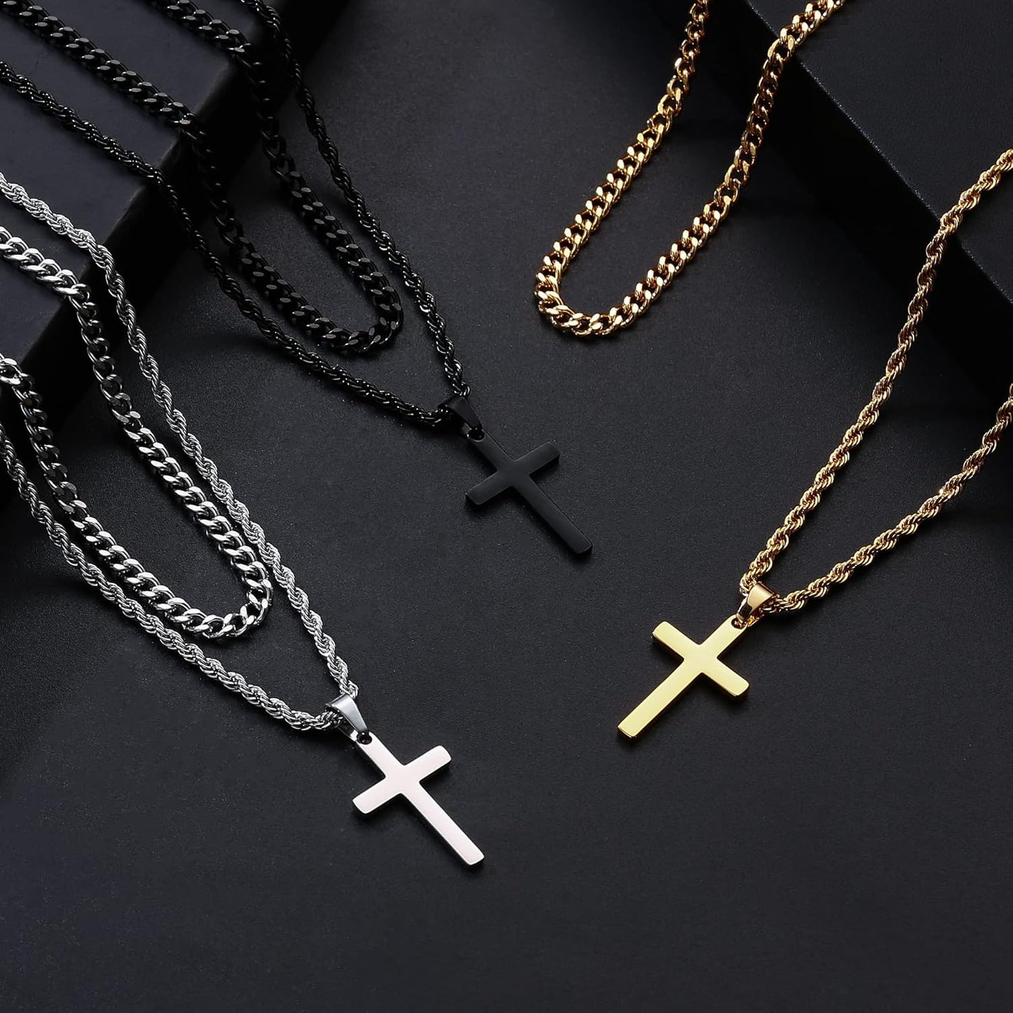 Cross Necklace for Men, Gold Black Silver Mens Cross Necklaces Stainless Steel Cross Pendant Necklace Simple Jewelry Gifts Cross Chain Necklace for Men
