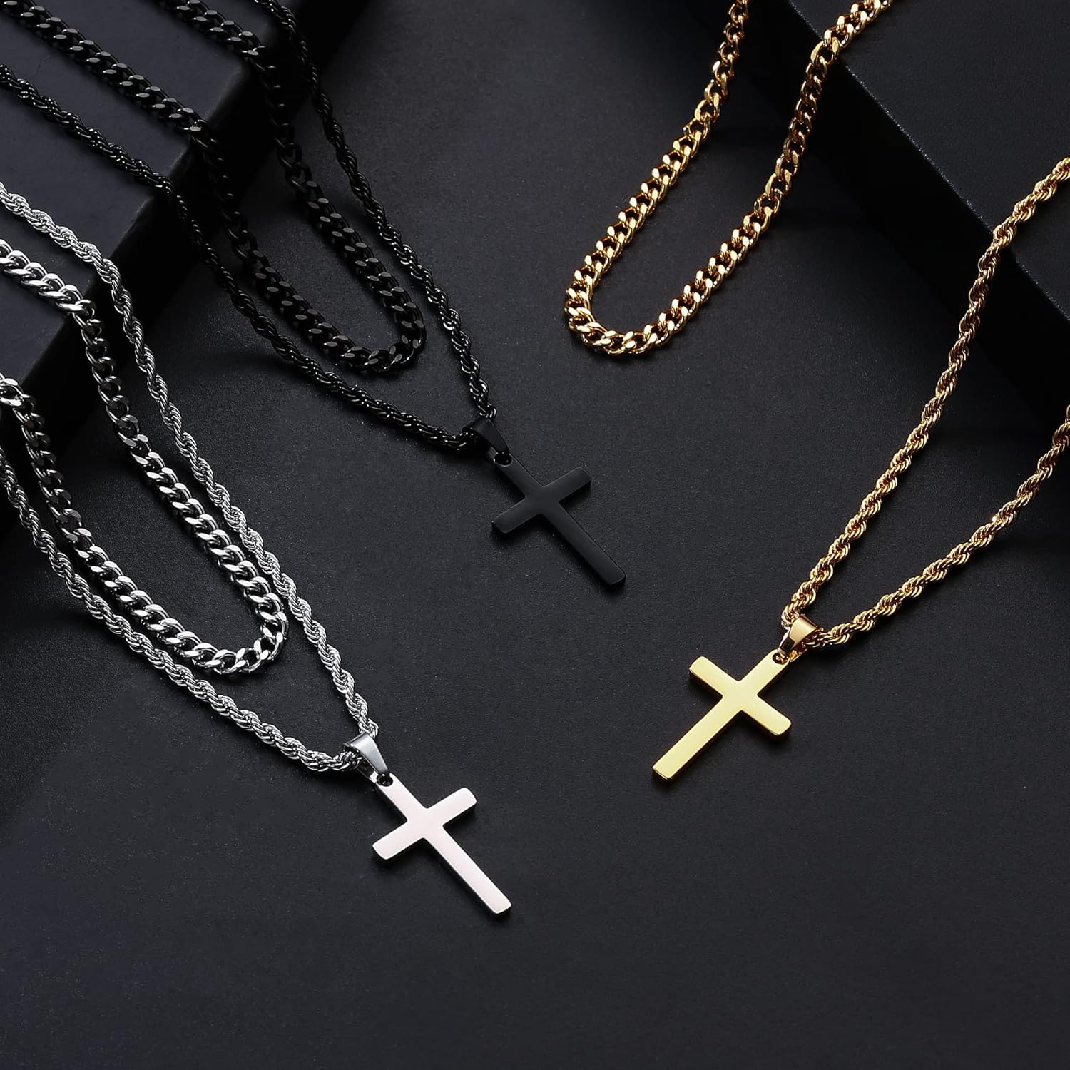Cross Necklace for Men, Gold Black Silver Mens Cross Necklaces Stainless Steel Cross Pendant Necklace Simple Jewelry Gifts Cross Chain Necklace for Men