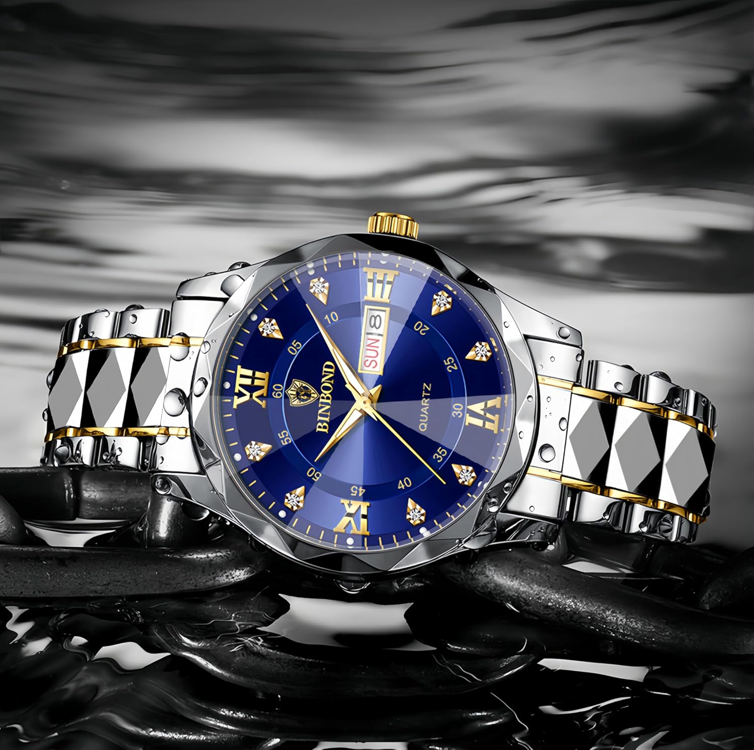 Luxury Men'S and Women'S Business Diamond Stainless Steel Waterproof Roman Numeral Analog Quartz Watch with Day-Date Calendar, Gold and Silver Tone