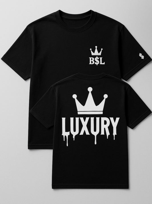 Black t-shirt with white crown and text design on a light gray background